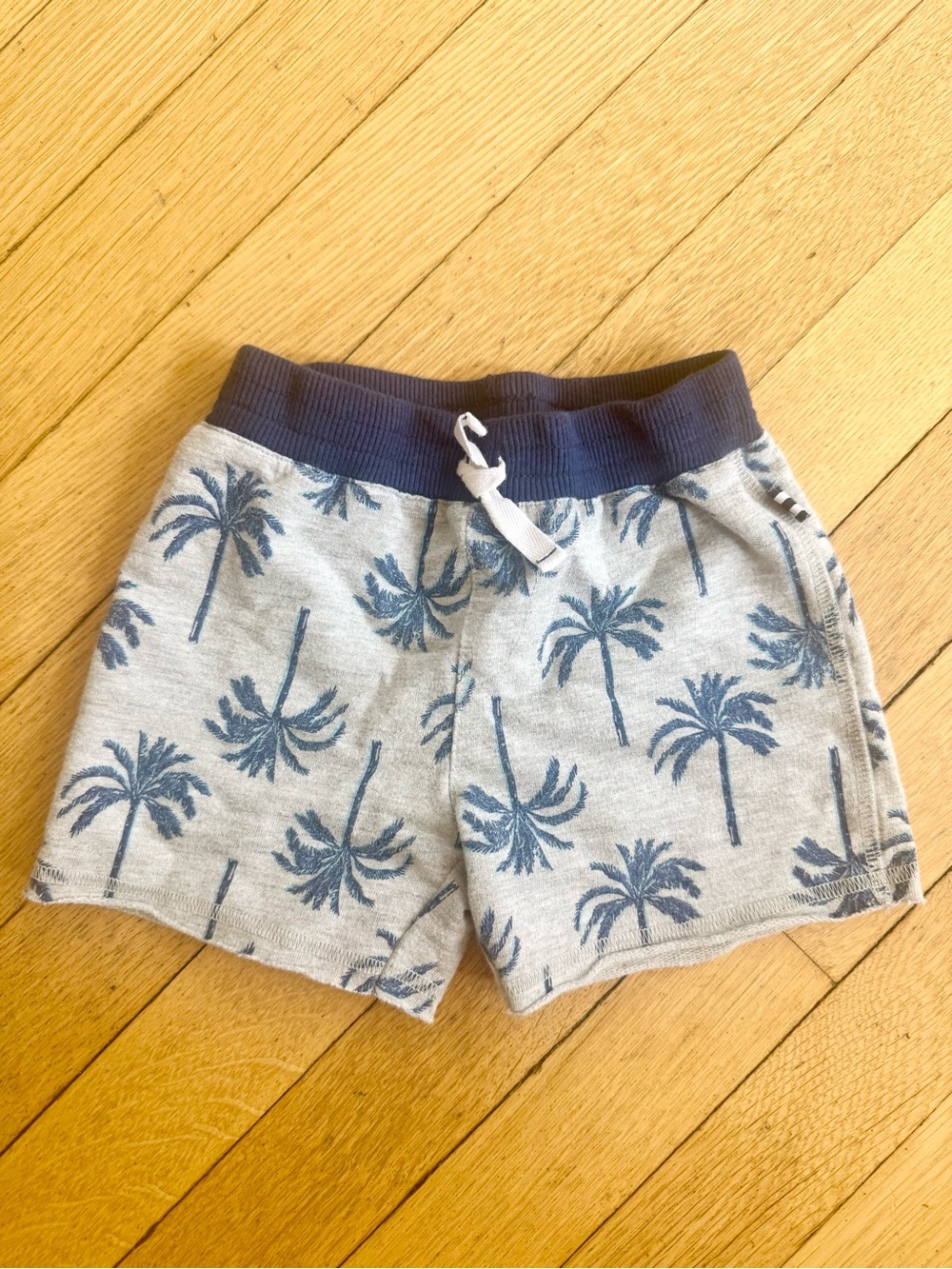 Splendid Gray Palm-Print Drawstring Shorts with Navy Waistband Baby Size 6-12m